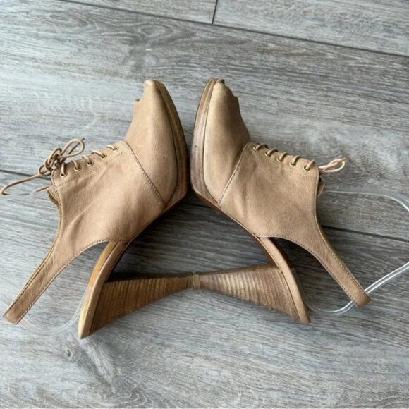 J Crew Peep Toe Lace Up Tan Leather Slingback Wooden Heel Pumps - Picture 7 of 13